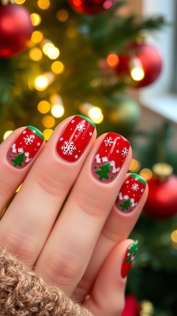 Festive underside nail art for Christmas with red and green designs.